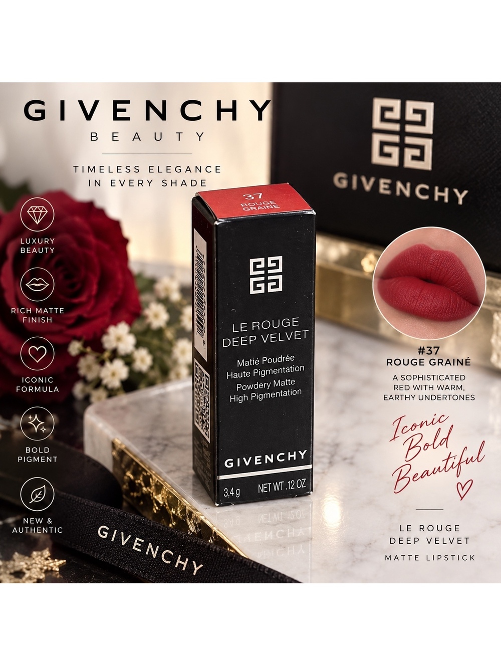 Givenchy Le Rouge Deep Velvet Matte Lipstick #37 Rouge Grainé – NEW